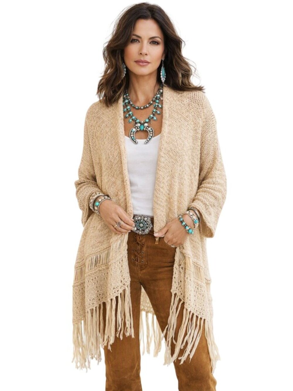 Zara Women Western Boho Open Knit Beige Open Front Cardigan Fringe M Cowgirl